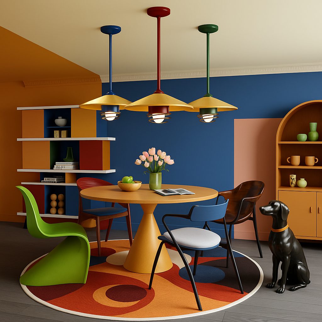 孟菲斯 dining room with colorful pendant lights and furniture