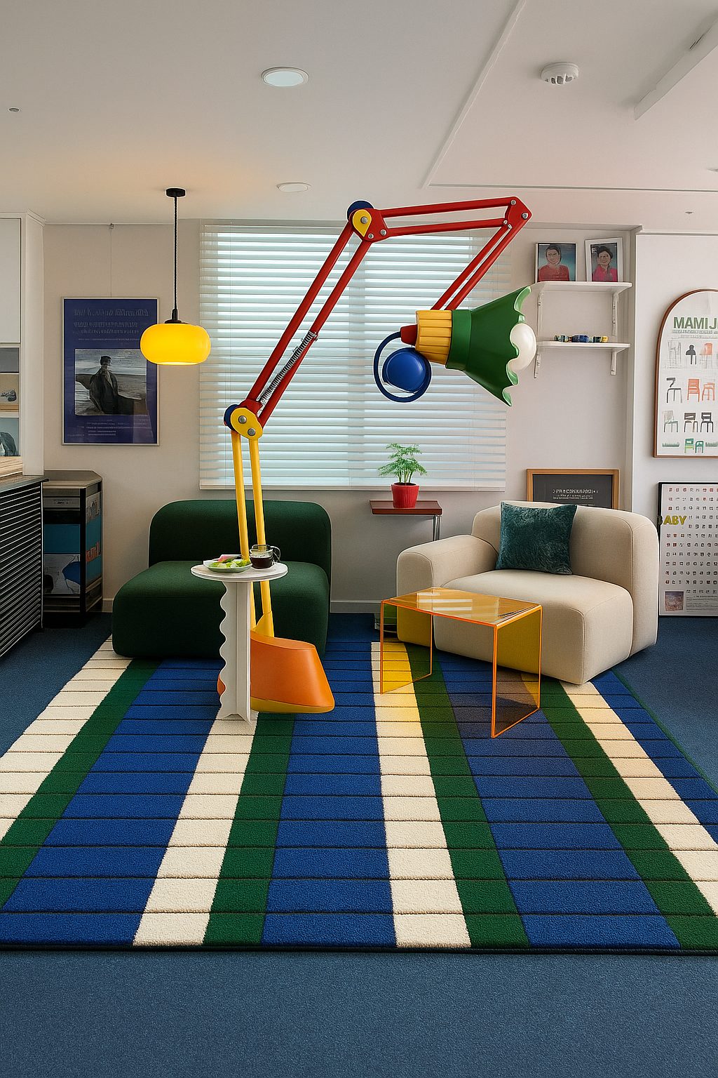 孟菲斯 living room with articulated floor lamp