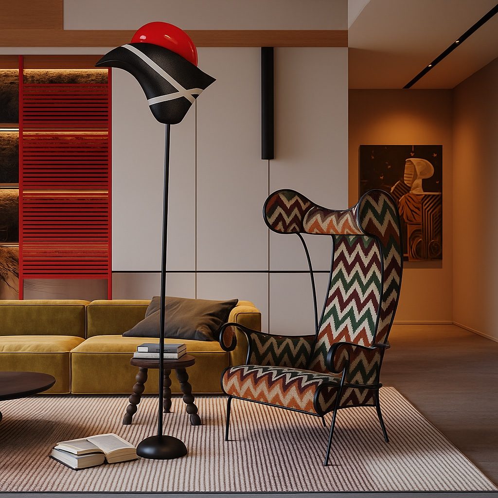 孟菲斯 lounge with patterned armchair and floor lamp