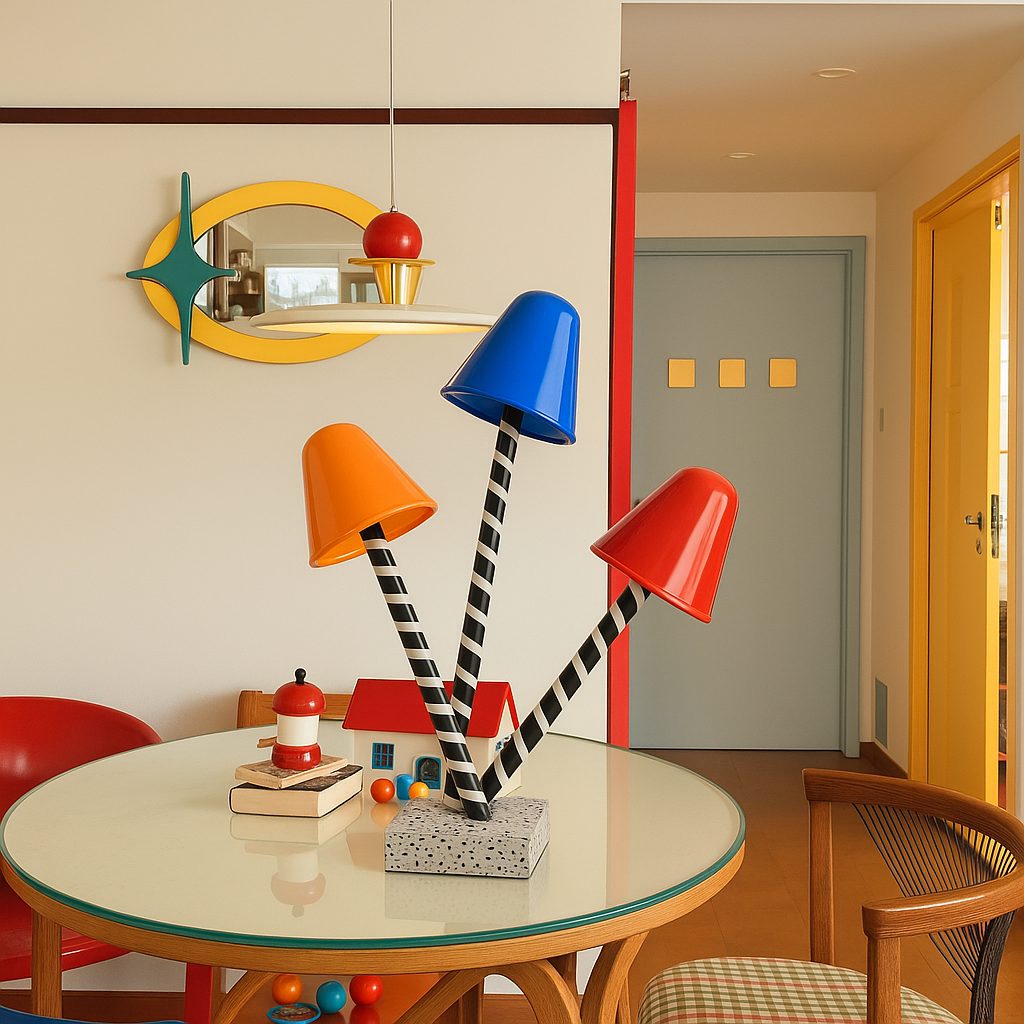 Colorful 孟菲斯 pendant lamps over a dining table