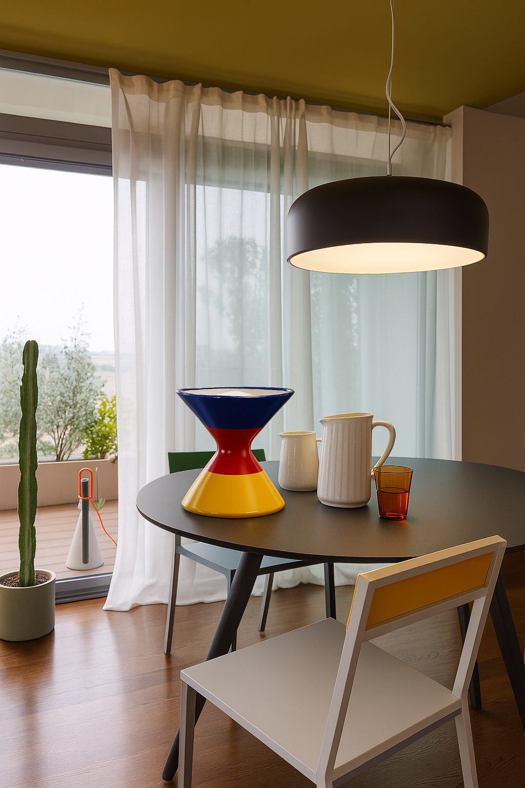 Minimal dining setting with sculptural pendant lamp